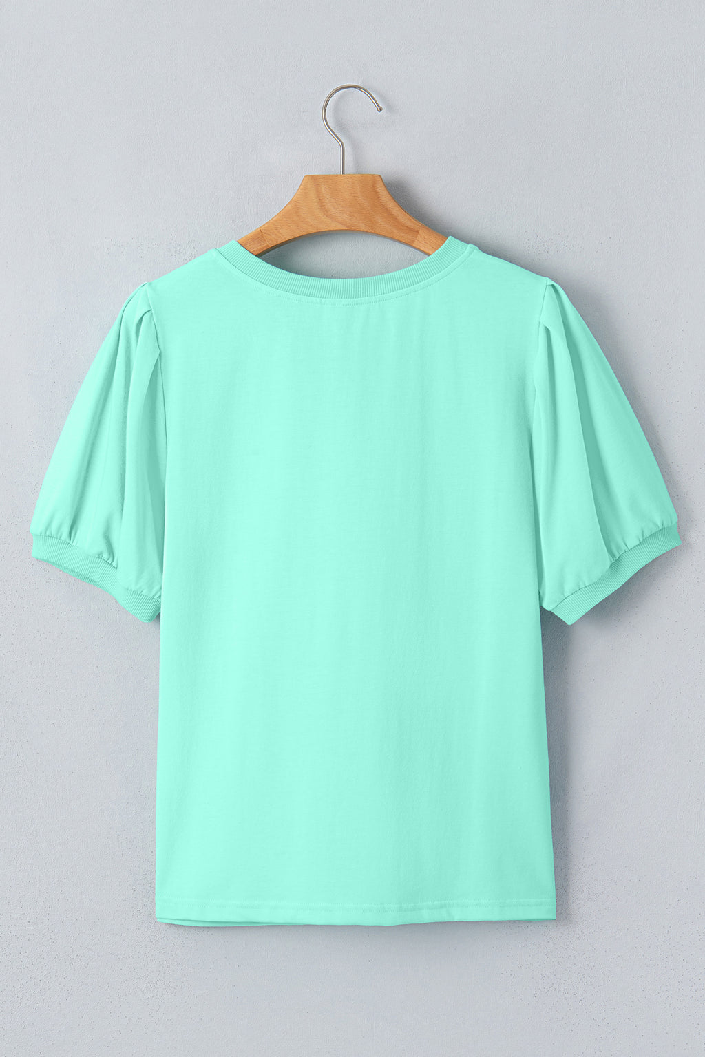 Turquoise Solid Color V Neck Short Puff Sleeve Blouse