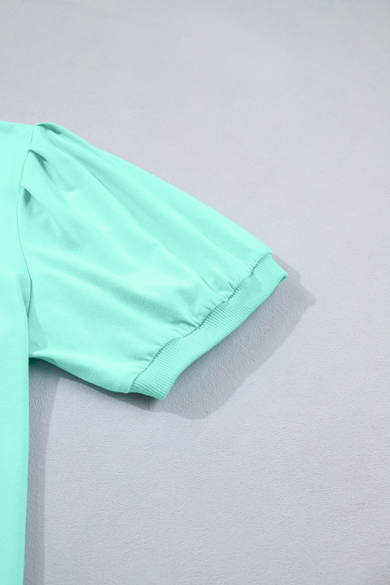 Turquoise Solid Color V Neck Short Puff Sleeve Blouse